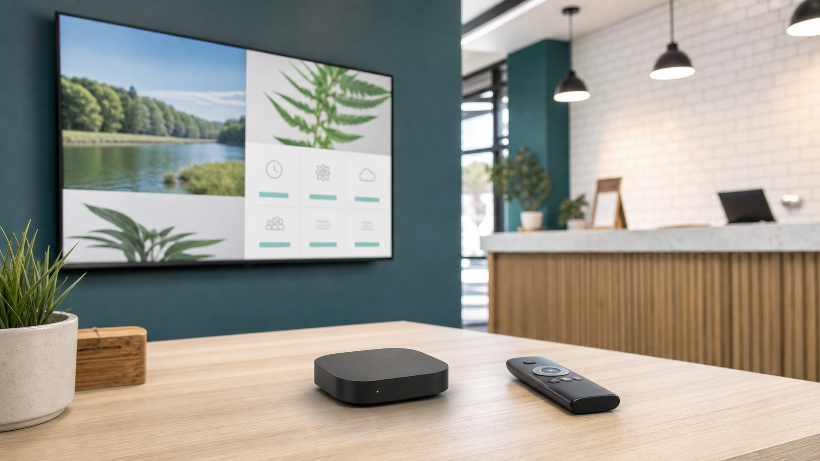 A compact streaming device and remote on a table with a digital signage screen in the background.